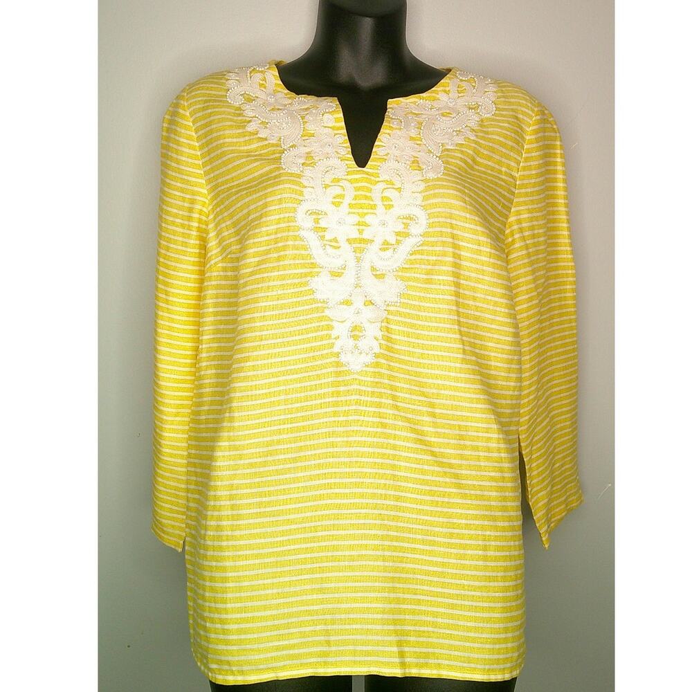 Talbots Linen Tunic with White Stripes & Beading 3/4 Sleeve Women's Petite Med - Picture 1 of 5